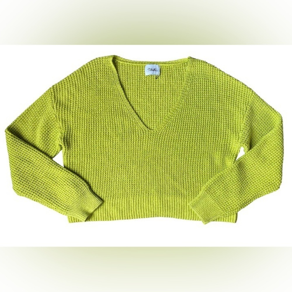 Stitches & Stripes Lime Green V-Neck 100% Cotton Chunky Knit Sweater Size Large